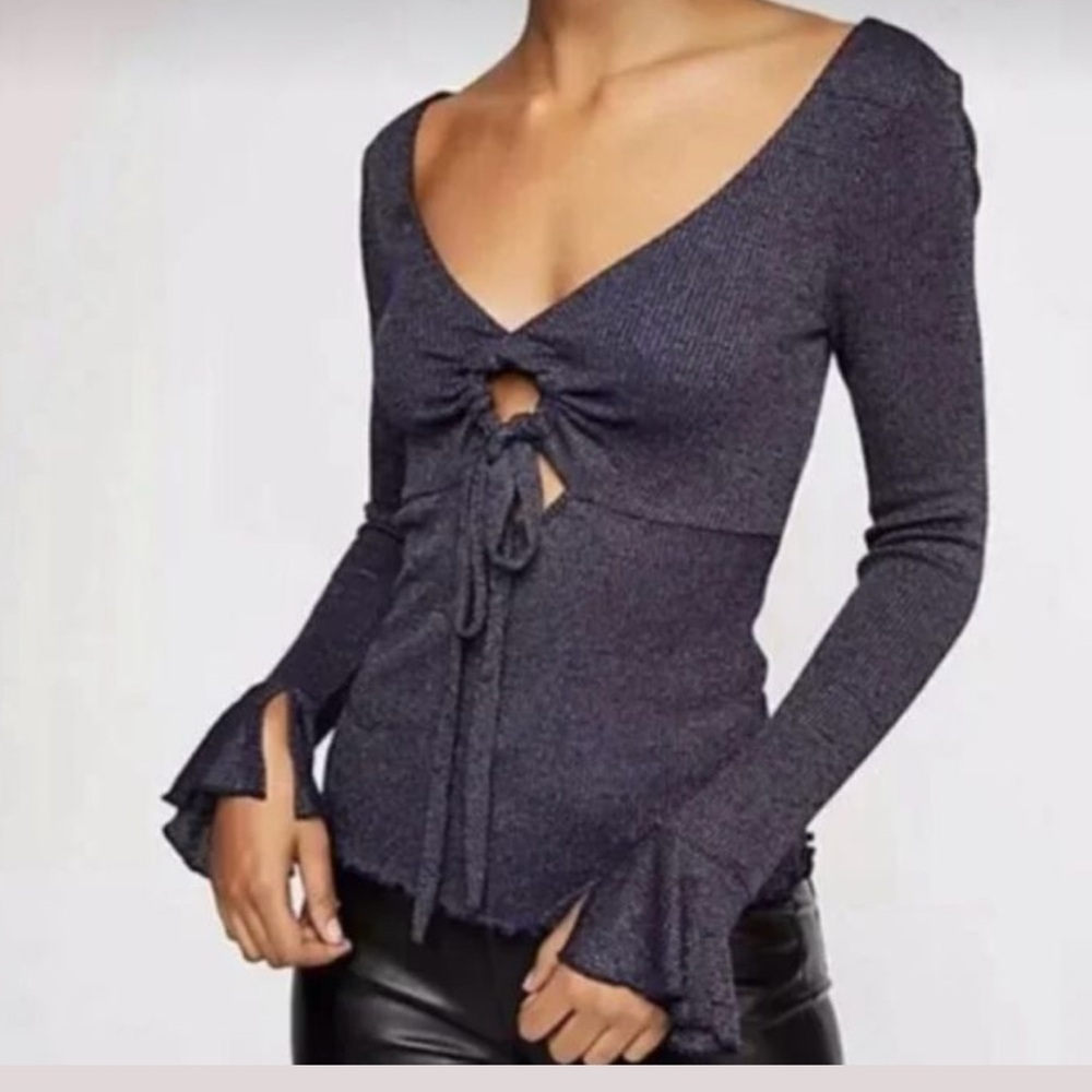 Free People Intimately V Neck knit front bow tie flutter cuffs slits size XS